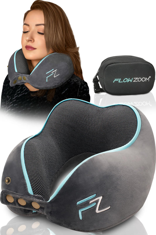 FLOWZOOM Memory Foam Travel Pillow for Airplanes & Car Rides – Adjustable Airplane Pillow with 360° Chin and Neck Support for Comfy Naps, Extra-Soft Washable Neck Pillow Cover, Squeezy Mesh Bag – Grey