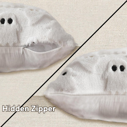 4 Pcs Halloween Throw Pillow Covers 18x18, Soft Faux Fur Pillow Cases Decorations, Fluffy Plush Accent Couch Cushion Case for Halloween Chair Sofa Bedroom Living Room Home Decor(Ghost A)