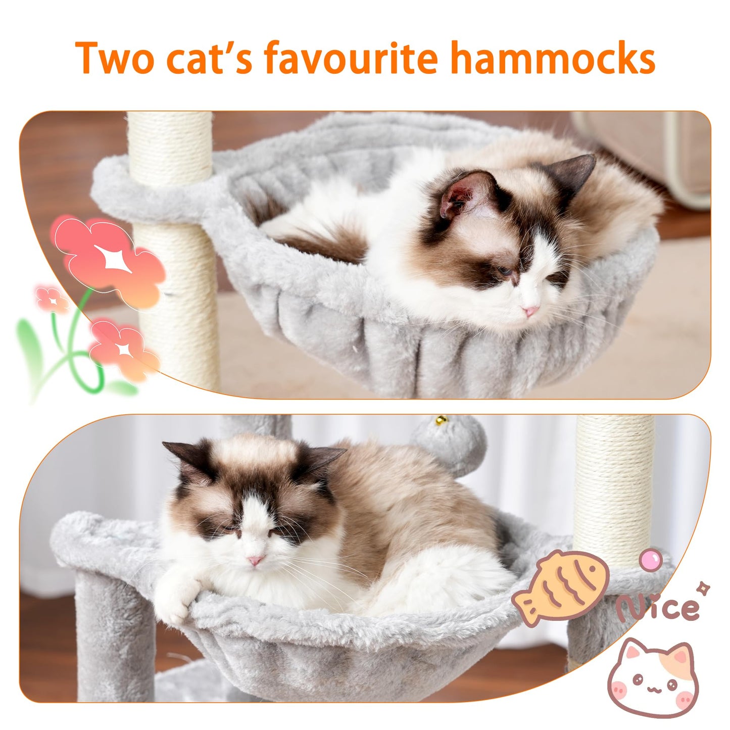 Heybly Cat Tree, 39.4 Inches Tower Condo with Scratching Post, Cat Tower for Indoor Cats, Fully Wrapped Sisal Pole, Soft Platform, 2 Baskets and Dangling Toy, Light Gray HCT006SW