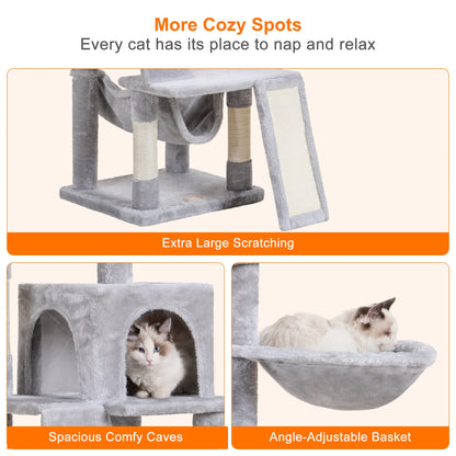 Heybly Cat Tree, Cat Tower for Indoor Cats, Multi-Level Cat Furniture Condo for Cats with Padded Plush Perch, Cozy Basket and Scratching Board, Light Gray HCT014W