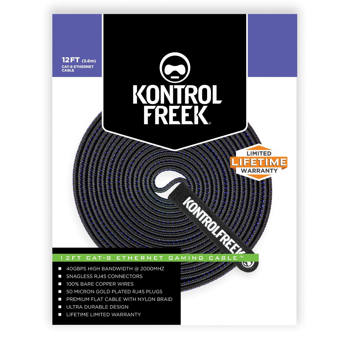 KontrolFreek 12FT CAT8 Ethernet Gaming Cable - Professional Series - Heavy Duty High Speed 26AWG Cat8 LAN Network Cable 40Gbps 2000Mhz with Gold Plated RJ45 Connector, Router, Modem