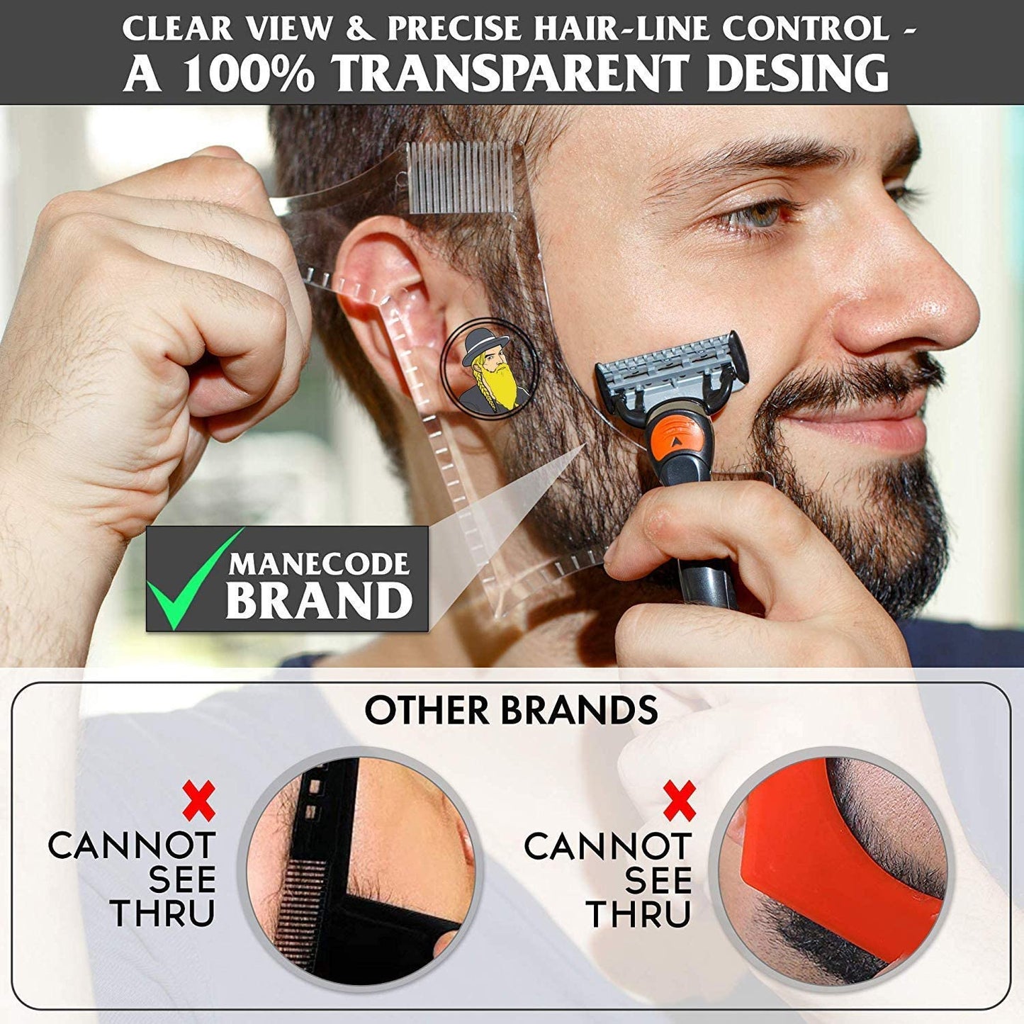 Beard Shaping & Styling Tool With Comb for Perfect line up & Edging For Men's Jaw Cheek/Neck Line, Symmetric/Curve/Step Cut Works with Any Beard Razor Electric Trimmers or Clippers (Clear-1pcs)