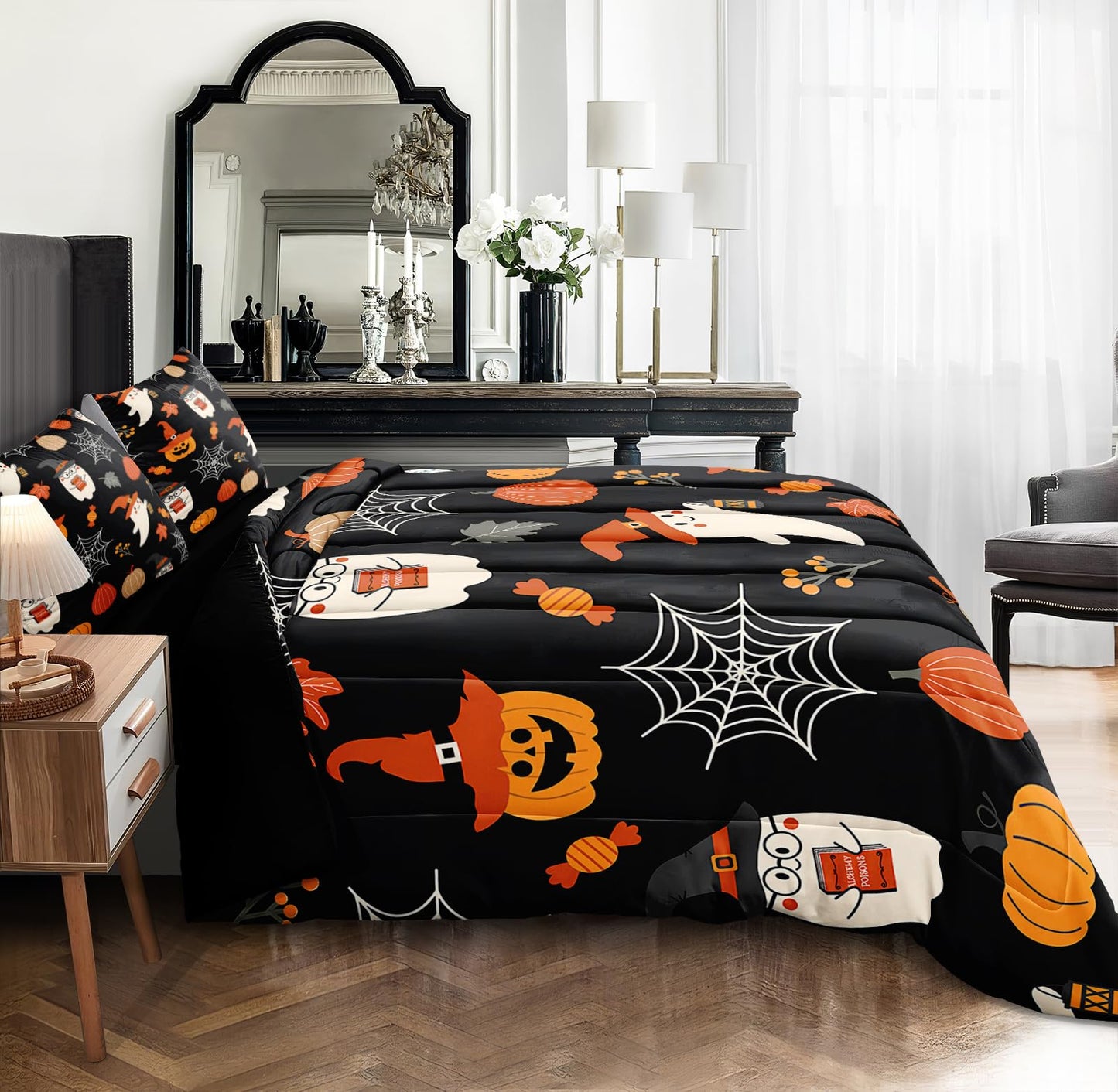 Cute Halloween King Comforters Cartoon Ghost Bedding Set Funny Halloween Bat Home Decor Cute Pumpkin Down Comforter Castle Quilt Set 4 Pcs Ultra Soft Microfiber for Kids Adults