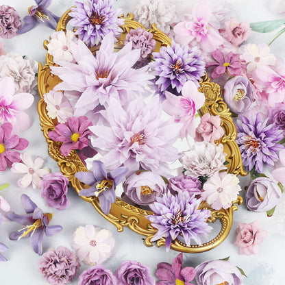 LACGO 48 PCS Artificial Flowers Heads, Fake Daisy Heads Bulk Silk Faux Rose DIY Cake Decor Blossom Garland Wreath Bouquets Crafts for Halloween Wedding Bridal Baby Shower Home Party Decoration(Purple)