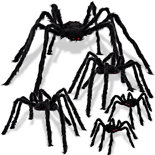 JOYIN 5 Packs Halloween Decorations Outdoor Giant Spiders, Large Black Hairy Spider Set with Different Size for Halloween Outside Decor, Lawn, Yard, Indoor Decor(35", 30", 24", 20", 12")