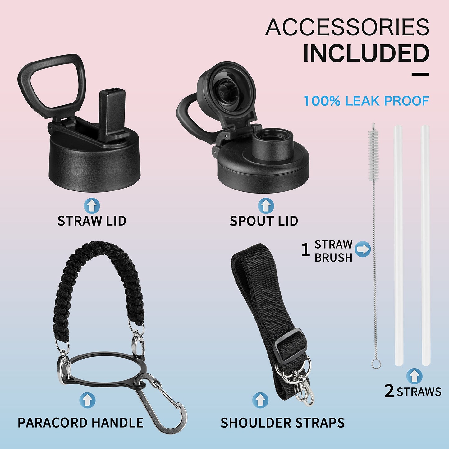 KXIAOCHEN Insulated Water Bottle, Stainless Steel Water Bottle, 2 Lids (Straw and Handle Lid),Wide Mouth Metal Water Bottles Keep Hot and Cold, Double Walled, Thermo Mug, Metal Canteen