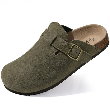 KIDMI Women's Genuine Suede Clogs Cork Footbed Sandals Leather Mules Potato Shoes with Arch Support Army Green 36 (Size 5.5-6)