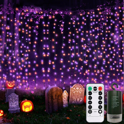 DealBeta Purple Orange Curtain Lights Battery Operated Halloween 300 LED Hanging Curtain Lights with Remote 8 Modes Timer for Wedding Halloween Party Decór (9.8ft×9.8ft)
