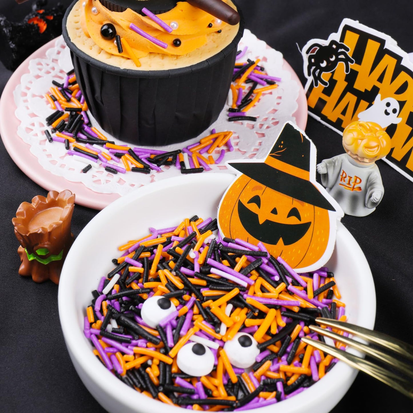 Halloween Sprinkles, Black Orange Purple White Jimmies with Edible Candy Eyes for Cake Decorating, 4.6oz Cookie Cupcake Decorations for Spooky Halloween Baking & Party Treats