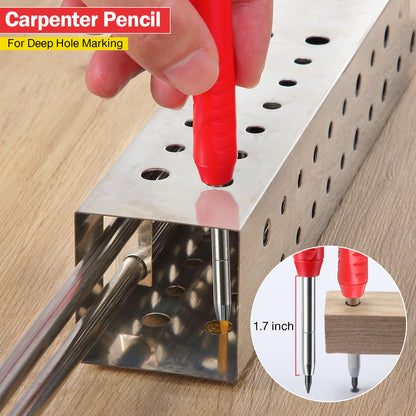 Hiboom 2 Pack Solid Carpenter Pencil with 14 Refill, Long Nosed Deep Hole Mechanical Pencil Marker with Built-in Sharpener for Carpenter Woodworking Architect with Design Patent (Black, Red)