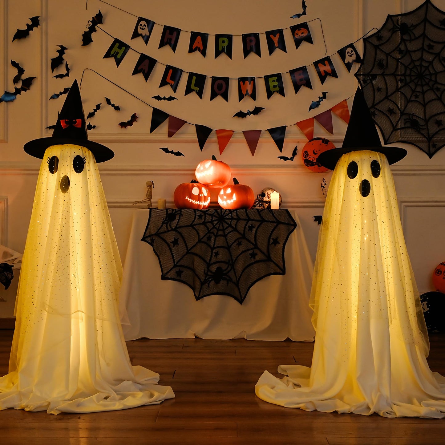 2Packs Halloween Decorations Outdoor,Halloweens Party Decoration Indoor,Spooky Ghost with Remote Control String Lights,Halloween-Ghost Lights for Porches Yards Gardens Lawn