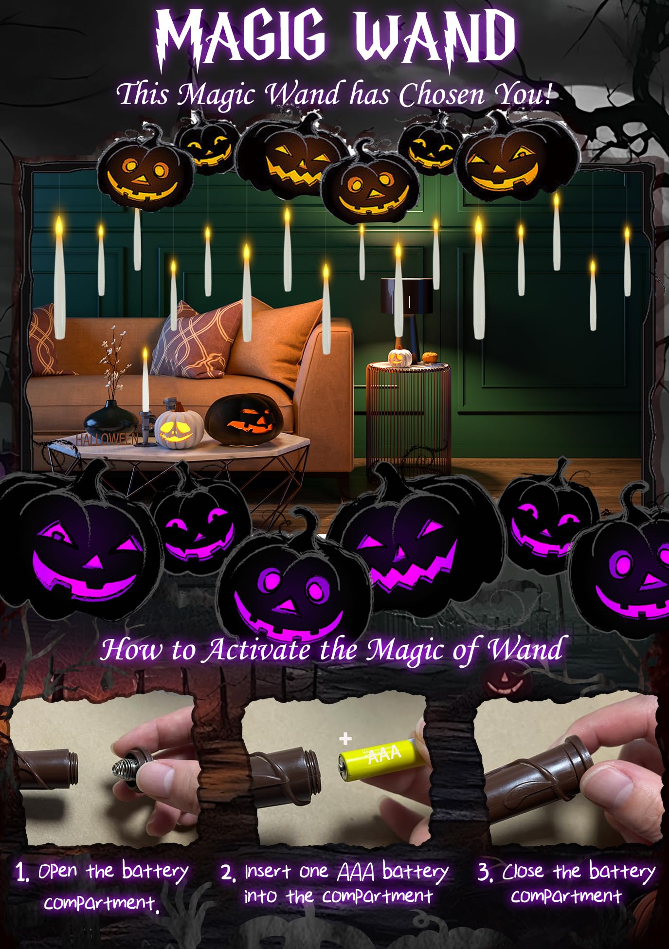 Halloween Decorations, Floating Candles with Wand 20 PCs Flameless Magic Hanging Candles, Flickering Warm Light Floating LED Candle with Remote, Battery Operated Window Taper Candle Set Birthday Gift