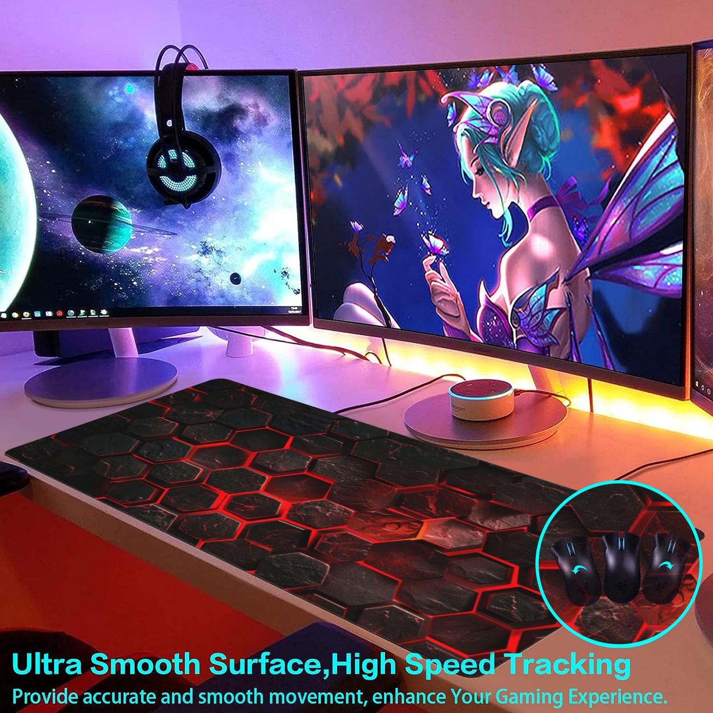 Large Gaming Mouse Pad for Desk,Red Honeycomb Science Technology Desk Mat,Honeycomb Hexagon Desk Pad,Extended Big Computer Keyboard Mouse Pad with Non-Slip Base Stitched Edges 35.4"x15.7"