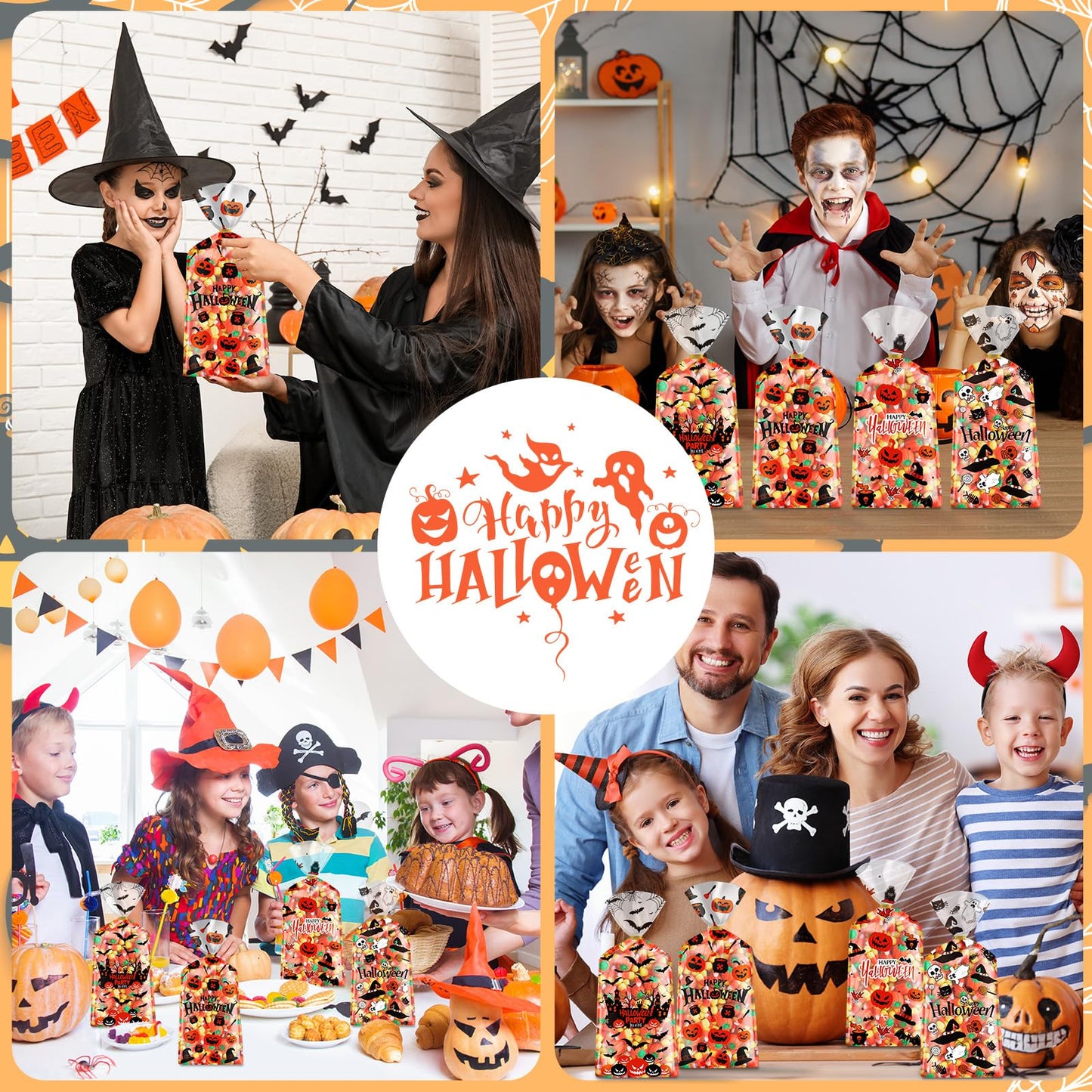 100 Pcs Halloween Treat Bags - Happy Halloweens Goodie Bag, Plastic Halloween Pumpkin Cellophane Bag Bulk, Clear Gift Goody Candy Bags with Twist Ties for Halloweens Party Supplies Favors Decorations
