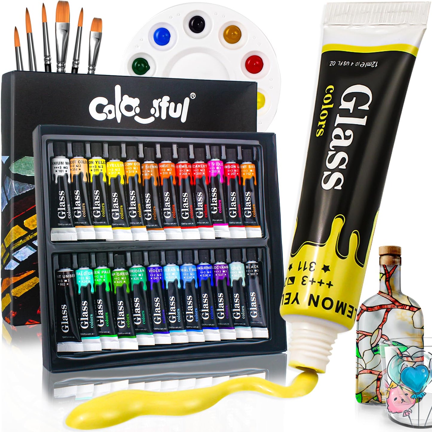 Colorful Stain Glass Paint Set with 6 Brushes, 1 Palette, 24 Color Waterproof Acrylic Enamel Painting Kit for Kids to Arts on Transparent Wine Glasses, Light Bulbs, Windows and Ceramics