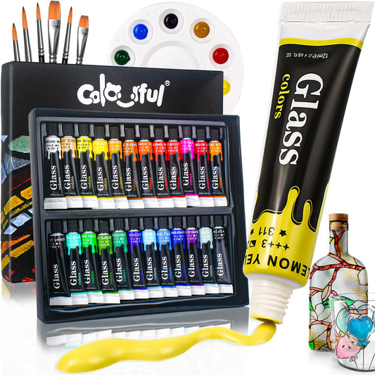 Colorful Stain Glass Paint Set with 6 Brushes, 1 Palette, 24 Color Waterproof Acrylic Enamel Painting Kit for Kids to Arts on Transparent Wine Glasses, Light Bulbs, Windows and Ceramics