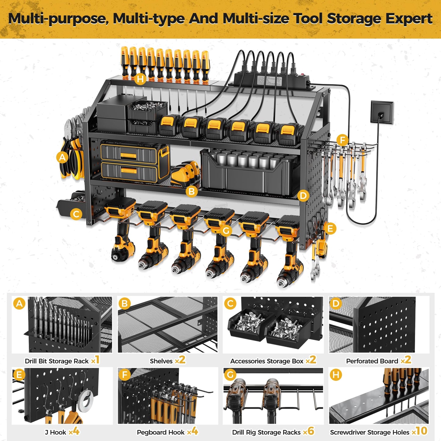 LBT 4 Layer Power Tool Organizer Wall Mount With Charging Station, Patented, 6 Outlet Power Strip, 6 Drill Holder, Heavy Duty Metal Garage Tool Storage Rack, Gifts For Men Fathers Day