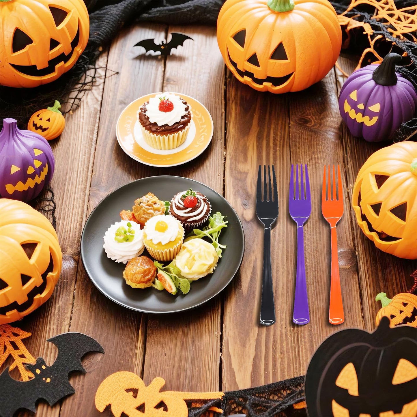 60 Pcs Black Purple and Orange Plastic Forks, Halloween Plastic Forks, Heavy Duty Disposable Plastic Cutlery Set for Halloween Party Decorations