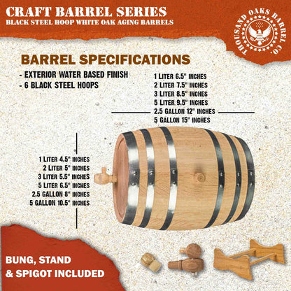 2 Liter Oak Aging Barrel with Wood Stand, Bung & Spigot - Mini Whiskey Barrels for The Home Alcohol Distiller, Moonshiner & Winemaker - Age Cocktails, Bourbon, Whisky, Tequila, Rum, Mead Wine (2L)