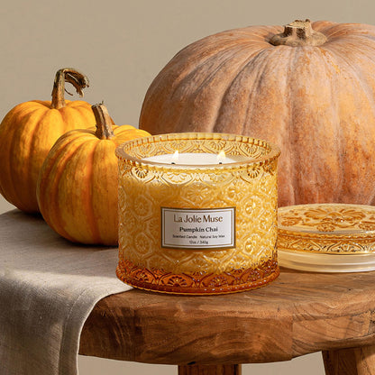 LA JOLIE MUSE Fall Candles – Pumpkin Candle with Spicy Chai & Vanilla | 12 oz Double Wick Soy Candle | 60 Hours Clean Burn | Autumn Home Décor & Hosting Gift