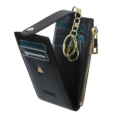 Cynure Women & Men Leather RFID Blocking Card Holder Slim Small Zipper Keychain Front Pocket Wallet with 2 ID Window, 1-plain black