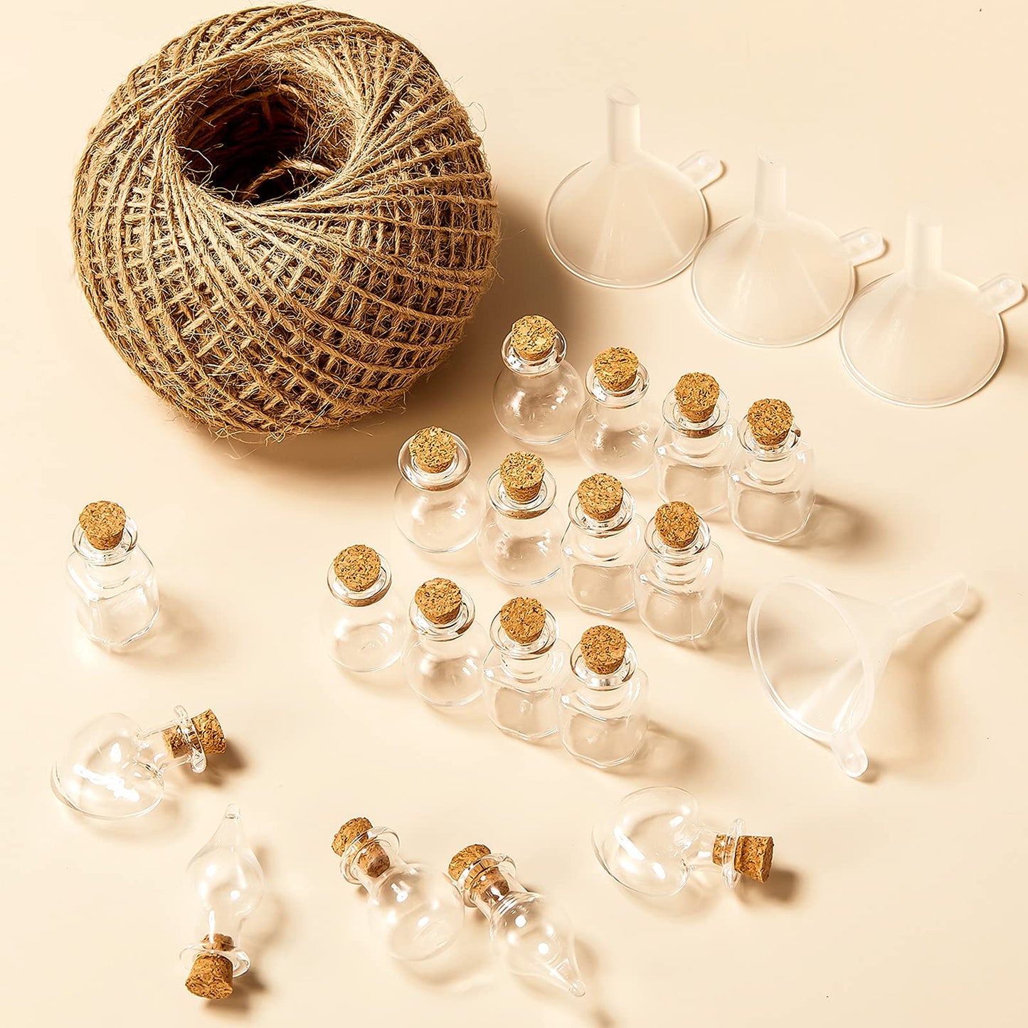 Geiserailie 50 Pieces Small Tiny Glass Spell Jars Bottle with Cork Stopper Witchy Gifts Witchcraft Supplies Wishing Bottles with Eye Screws Funnel Rope for DIY Crafts(Transparent,Style A)