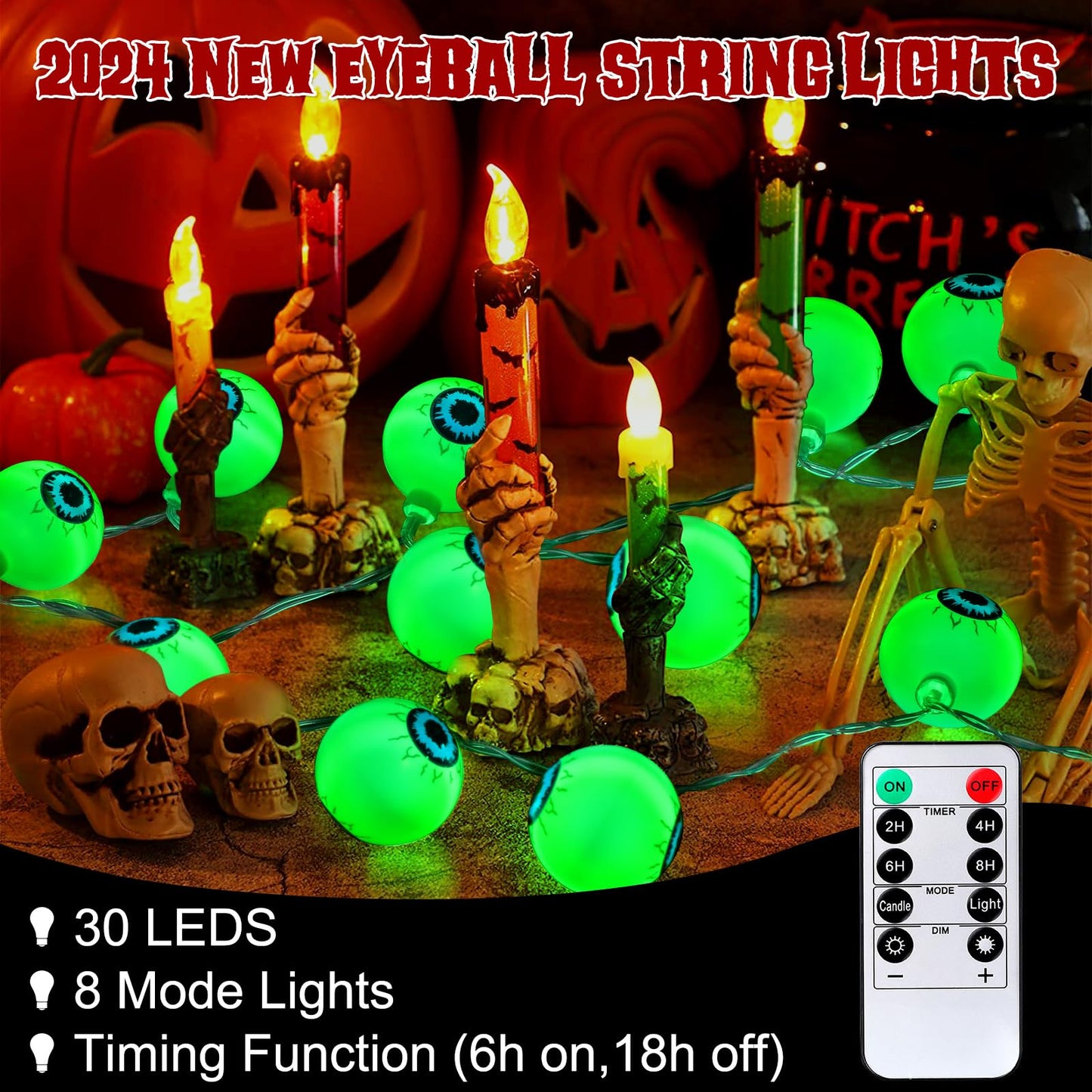 Halloween Decorations 30LED 17Ft Eyeball Halloween String Lights With Timer Remote Battery Operated 8 Modes Halloween Lights Halloween Indoor Outdoor Decorations For Home Garden Yard Halloween Décor