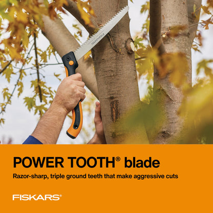 Fiskars Hand Saw, Folding Saw with Dual Position Locking Saw Blade for Overhand Cuts and Under Cuts and Power Tooth Blade with Triple Ground Teeth, Soft Grip 10-Inch Pruning Saw