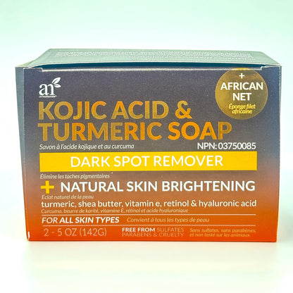 Kojic Acid Soap + African Net Sponge (2 pack X 142g Turmeric bars) Dark spot remover & Scars - Original Japanese Complex Vitamin C, Hyaluronic Acid, retinol, shea butter (Citrus)