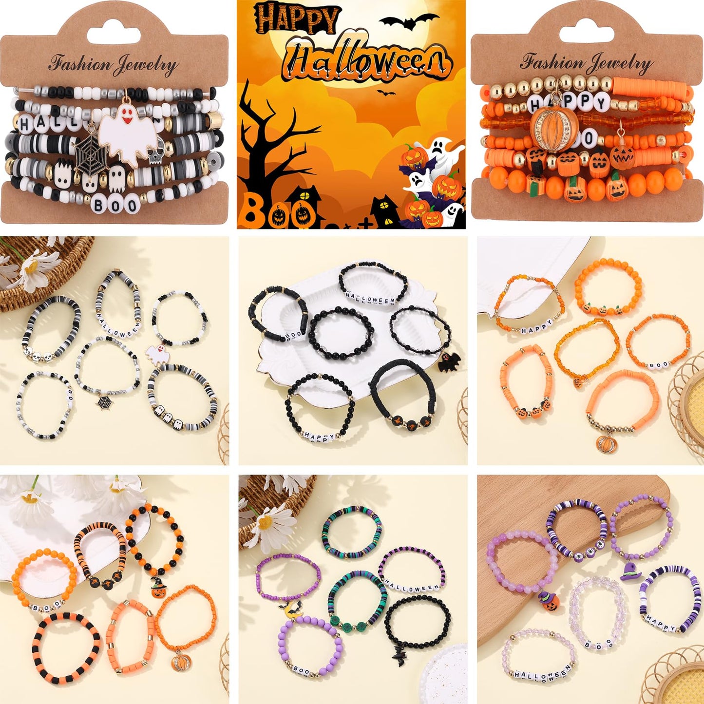 36Pcs Halloween Bracelets for Women Halloween Beads for Bracelets Set Stackable Bracelet Halloween Jewelry Pumpkin Spider Ghost Charms Bracelets BOO Happy Halloween Stretch Bracelets Set Holiday Gift