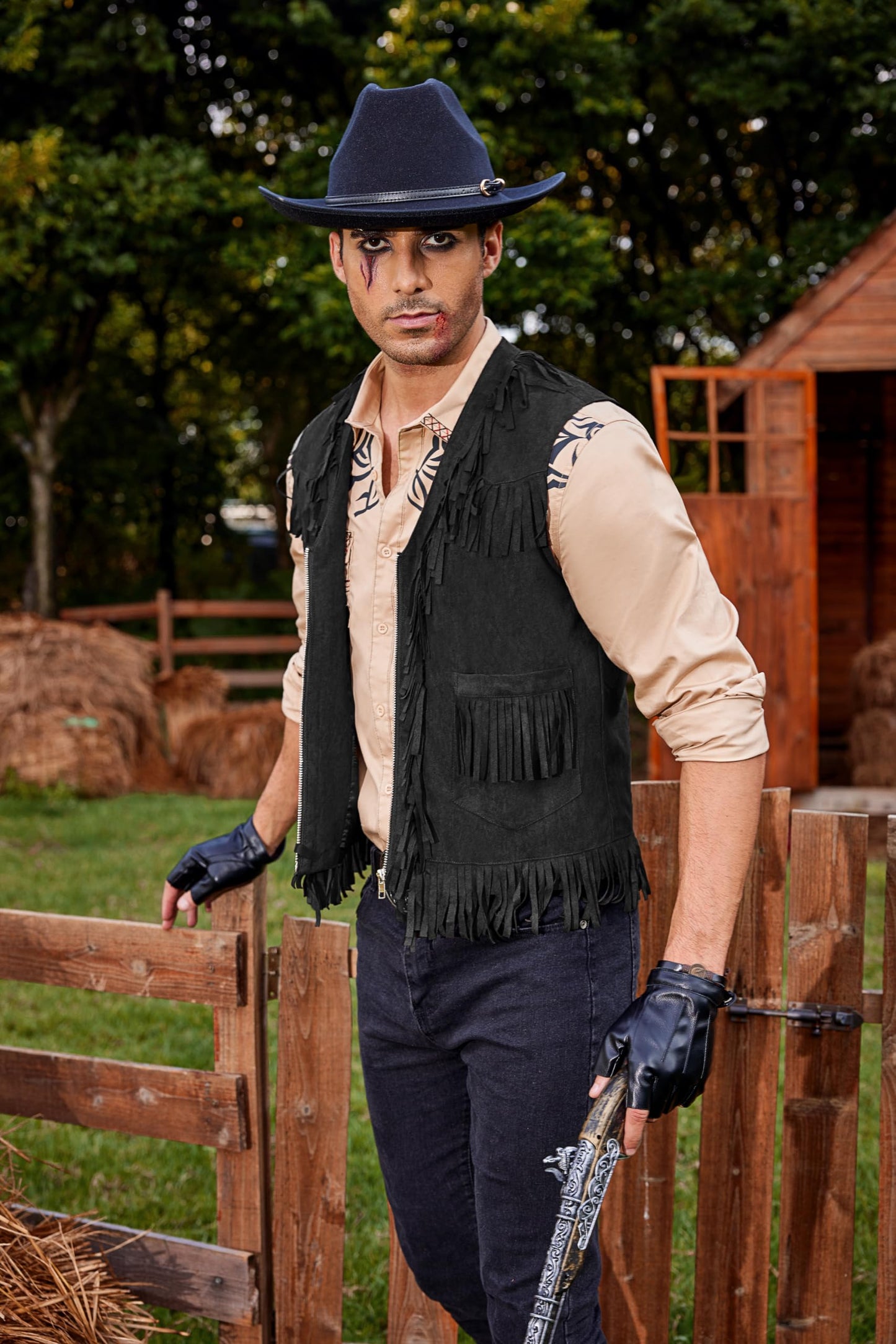 COOFANDY Men's Western Cowboy Vest Halloween Fringe Hippie Costume V Neck Zipper Suede Leather Waistcoat
