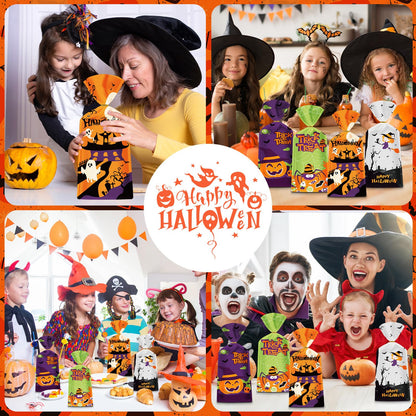 50 Pack Halloween Treat Bags - Plastic Halloween Goodie Bags, Happy Halloweens Candy Bag, Trick or Treat Snack Gift Cellophane Bags with Twist Ties for Kids Hallowen Party Birthday Supplies Favors