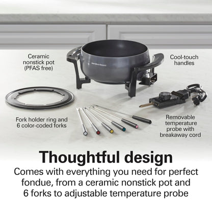 Hamilton Beach 12 Cup Electric Fondue Pot Set with Temperature Control, 6-Color Coded Forks, for Cheese, Chocolate, Hot Oil, Broth, 3 Quart PFAS-Free Nonstick Interior, Gray (86202)