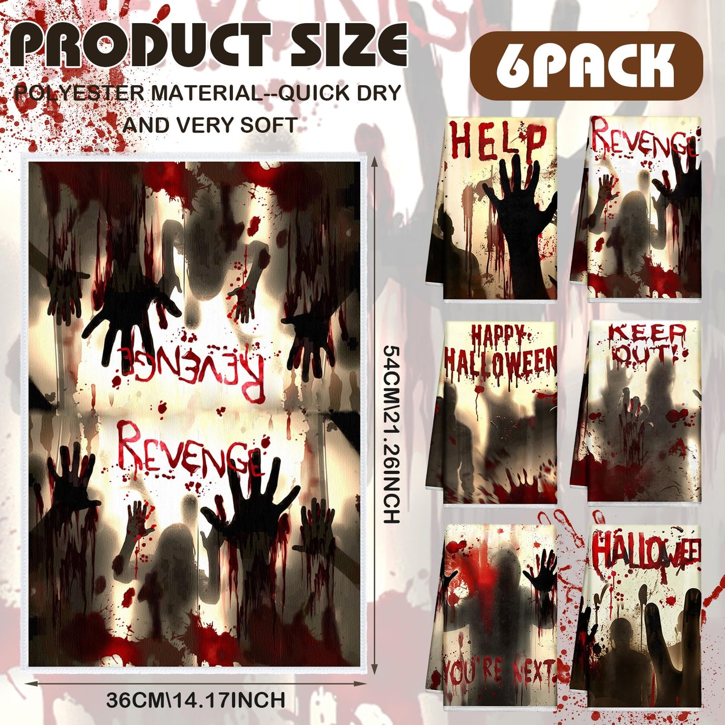 Ganeen 6 Pcs Halloween Kitchen Towels Scary Ghost Dish Towels Bloody Text Hand Towel Horror Zombie Towels 14.2 x 21.3 Inch for Decorative Bathroom Guest Holiday