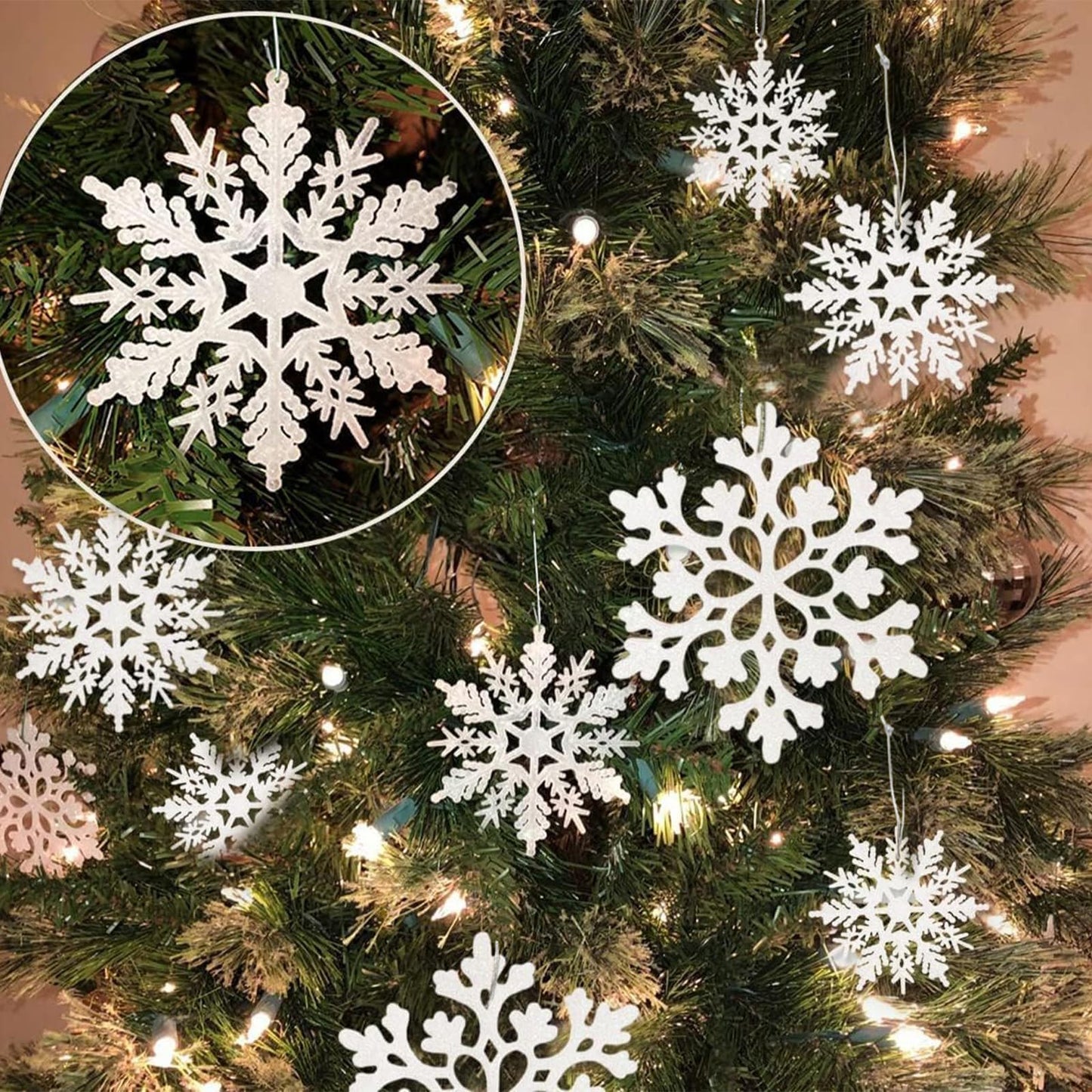 36pcs Snowflakes-Christmas Tree Decorations, Snowflake Ornaments for Tree, Plastic Glitter White Snow Flakes Ornaments, Christmas Indoor Winter Wonderland Decor