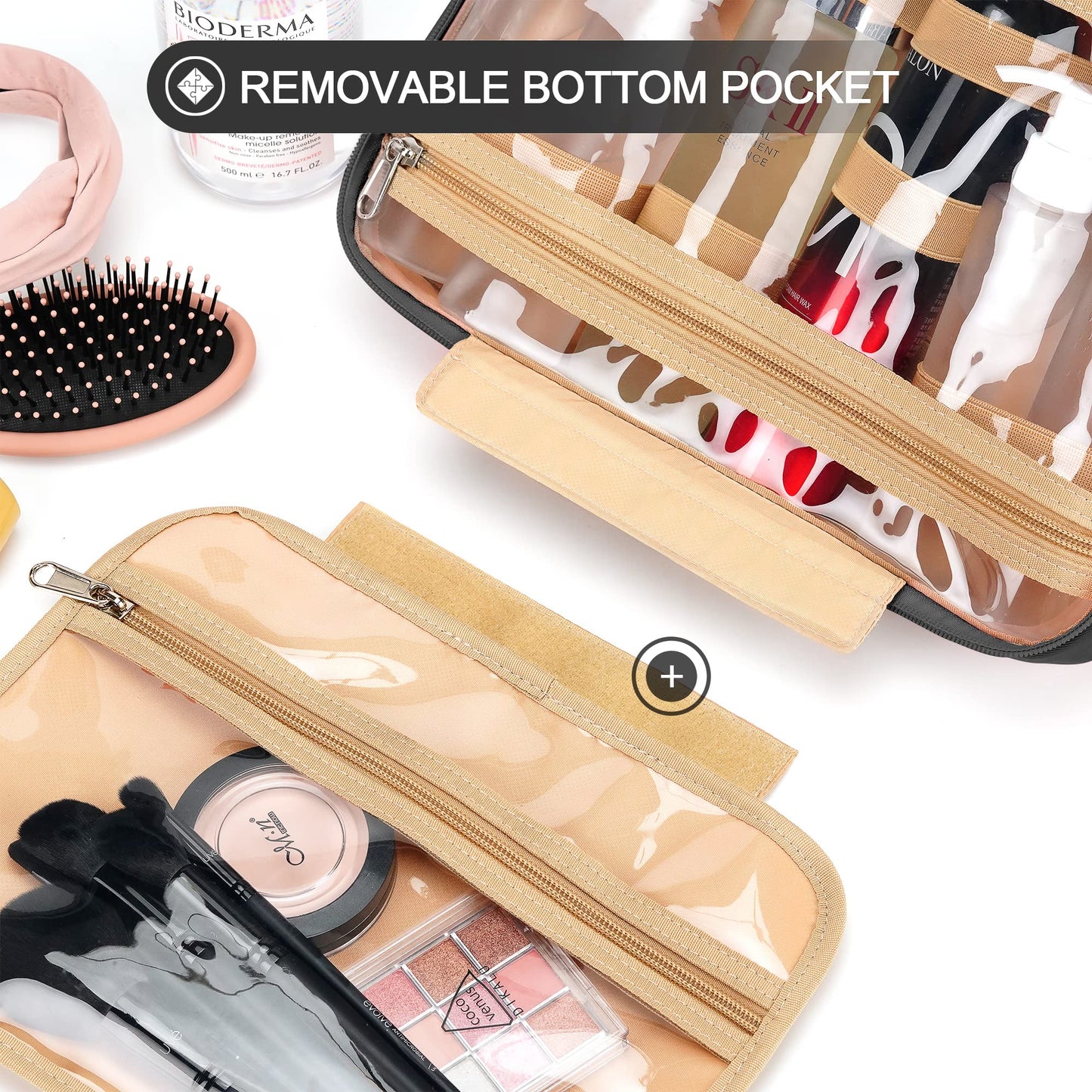 COOSKY Travel Hanging Toiletry Bag for Women, with Jewelry Organizer Compartment, Medium Waterproof Hanging Makeup Accessories, Cosmetic Essentials, Toiletries Dopp Kit Set with Trolley Belt, Black