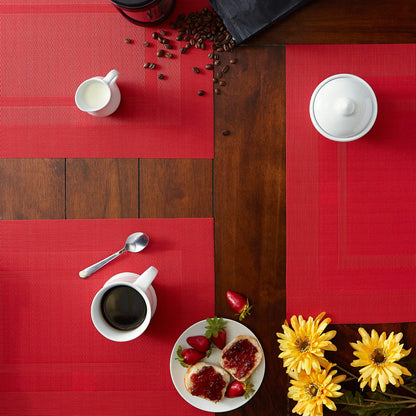 DII Everyday, Easy to Clean Indoor/Outdoor Woven Vinyl Double Border Placemats, 13x18, Tango Red - Set of 6