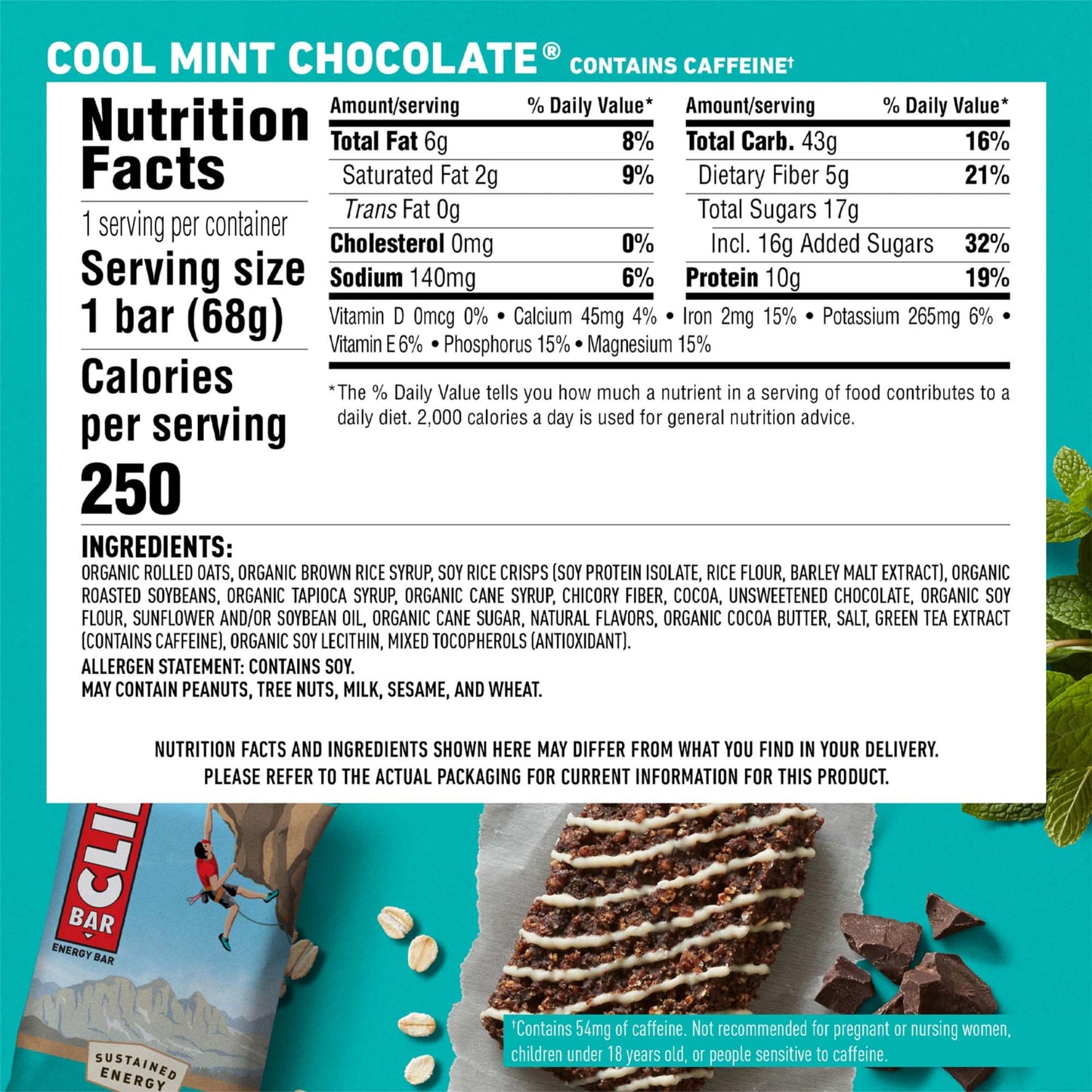 CLIF BAR - Cool Mint Chocolate with Caffeine - Made with Organic Oats - 10g Protein - Non-GMO - Plant Based - Energy Bars - 2.4 oz. (6 Pack)