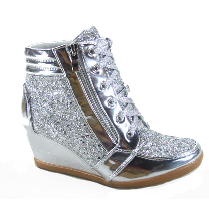 Forever Link Women's Fashion Glitter High Top Lace Up Wedge Sneaker Shoes,Silver,8.5