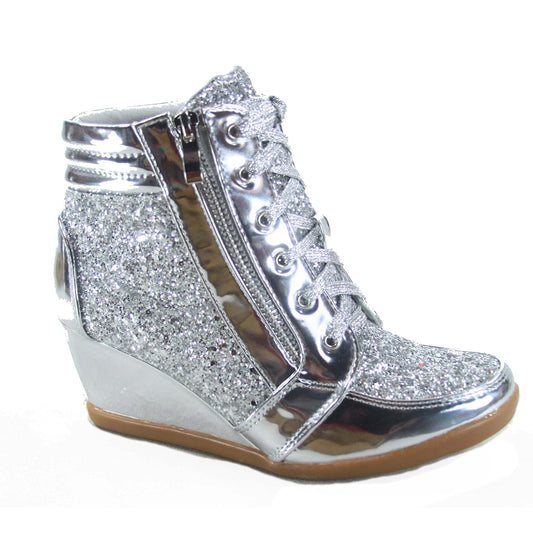 Forever Link Women's Fashion Glitter High Top Lace Up Wedge Sneaker Shoes,Silver,8.5