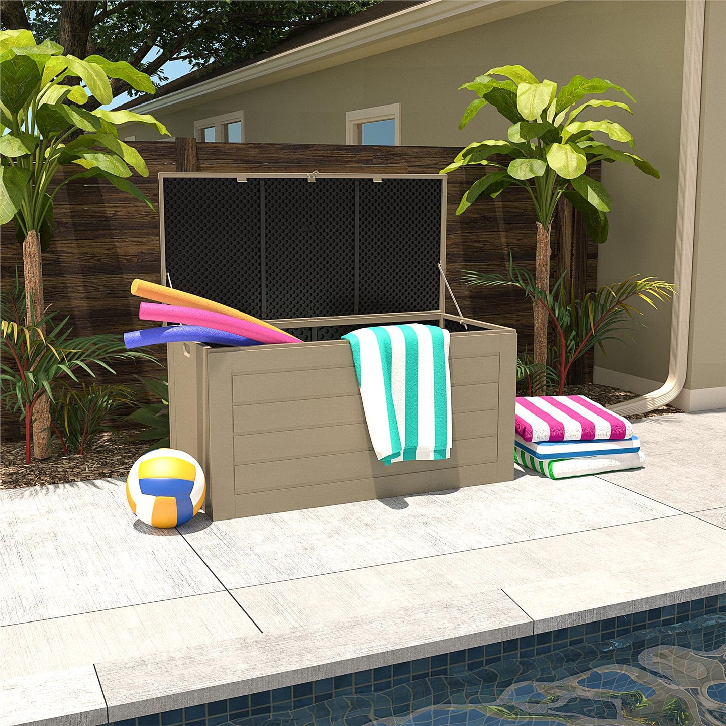 Cosco Outdoor Living 180 Gallon Patio Storage Box, Extra Large, Lockable Lid, Weather-Resistant, Tan/Brown