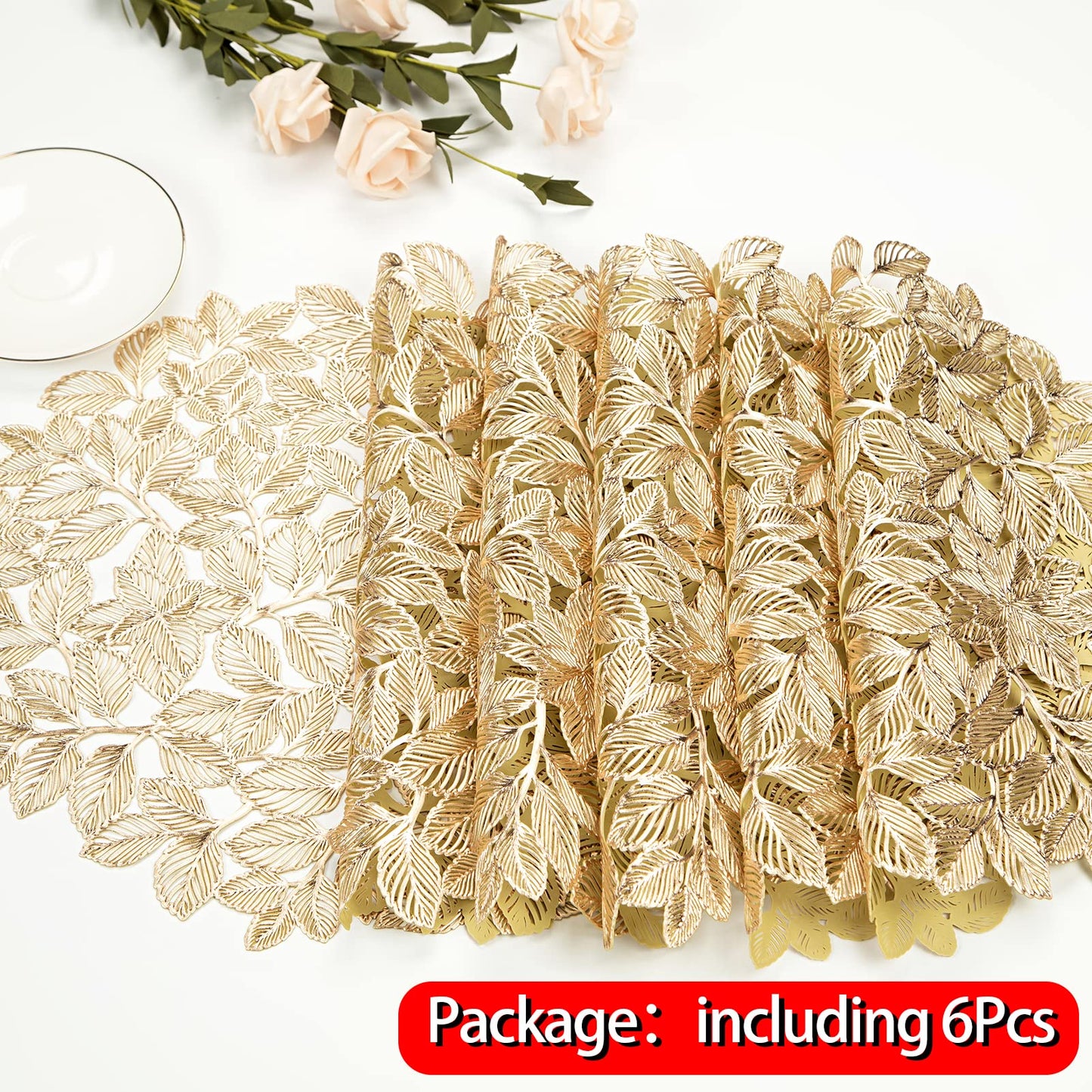 Crisjanggo Metallic Placemats Set of 6 Gold Leaf Round Placemats Non-Slip Wipeable Table Mats for Dinner,Party,Wedding Accent Centerpiece
