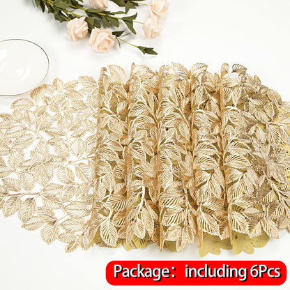 Crisjanggo Metallic Placemats Set of 6 Gold Leaf Round Placemats Non-Slip Wipeable Table Mats for Dinner,Party,Wedding Accent Centerpiece