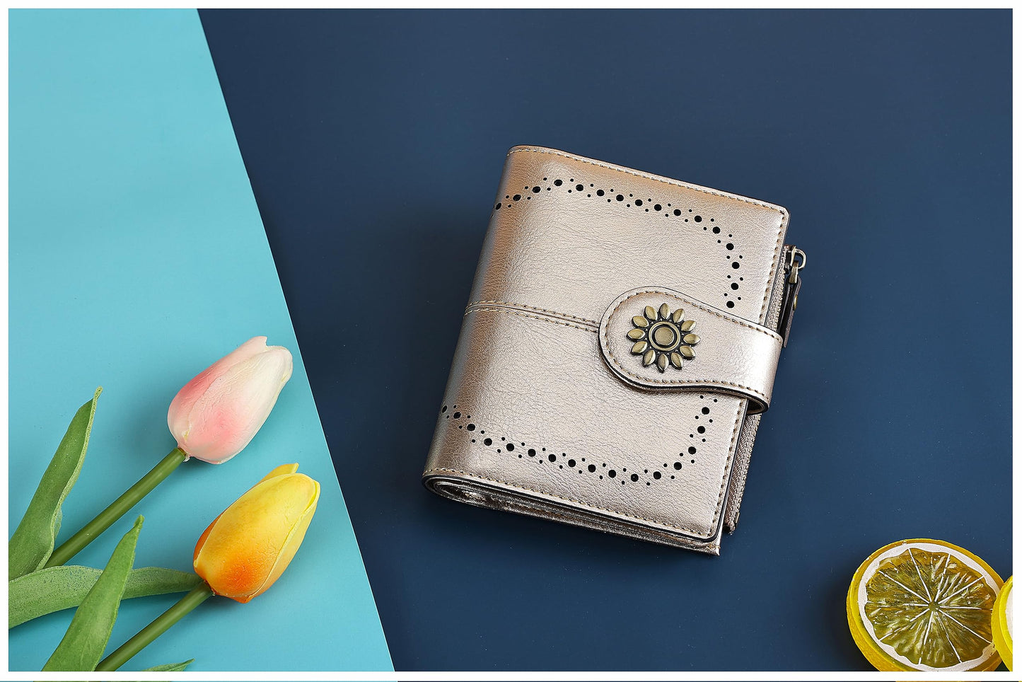 Lavemi Womens Leather Wallet Small Compact RFID Blocking Credit Card Case Purse with Zipper Pocket(Champagne Gold)