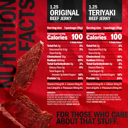 Jack Link's Beef Jerky Variety Pack - Includes Original and Teriyaki Jerky, Bulk Protein Snack Pack, Good Source of Protein, Meat Snacks Made with 100% Beef, Individual Bags - 1.25 Oz (Pack of 9)