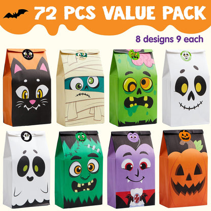 JOYIN 72PCS Halloween Treat Bags, Candy and Goodie Bags, 6 Styles with Stickers, Party Supplies for Kids Halloween Party Favors Exchange, Holiday Pastries Supplies