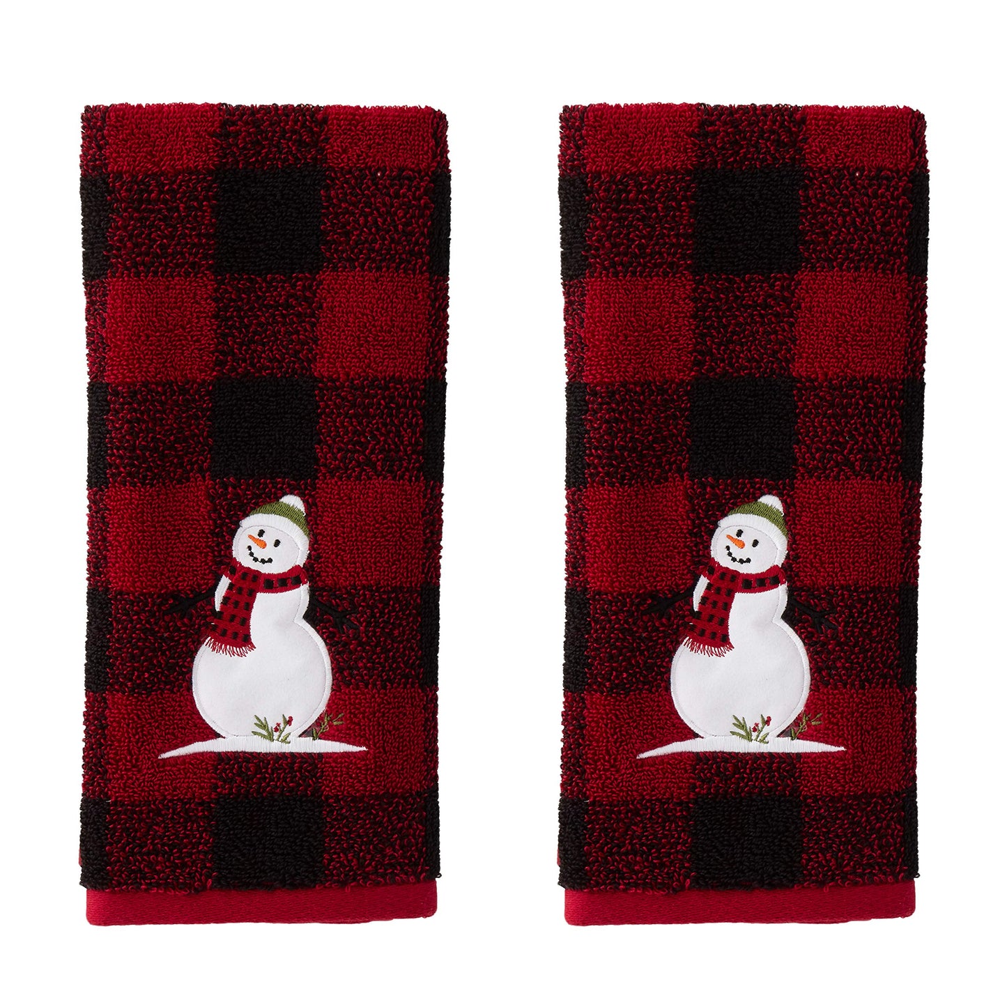 SKL Home Christmas Woodland Winter Snowman Hand Towel 2pc Set for Bath/Kitchen & Gift, Red