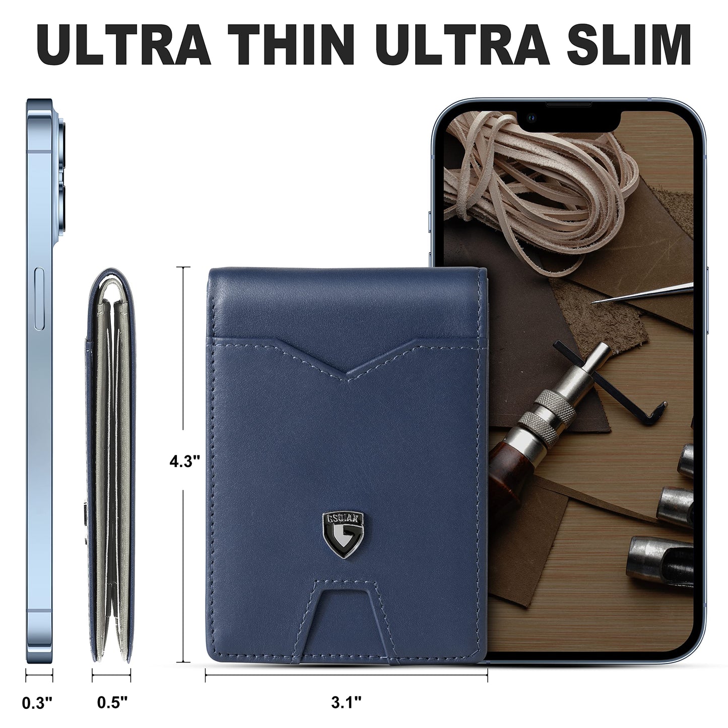 GSOIAX Mens Slim Wallet for Men Minimalist Genuine Leather Carbon Fiber Rfid Blocking Bifold Credit Card Holder With Gift Box (Dark Blue and Beige)