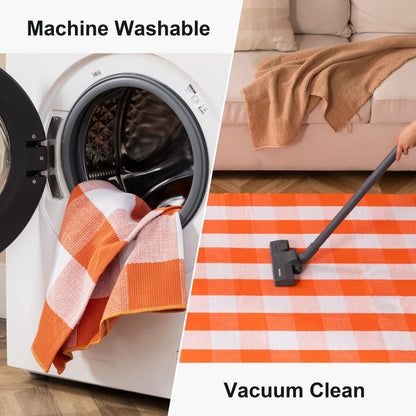 joybest Fall Buffalo Plaid Rug 27.5 x 43 Inch Orange White Front Door Mat, Cotton Hand-Woven Checkered Outdoor Rug for Front Porch, Farmhouse, Entryway