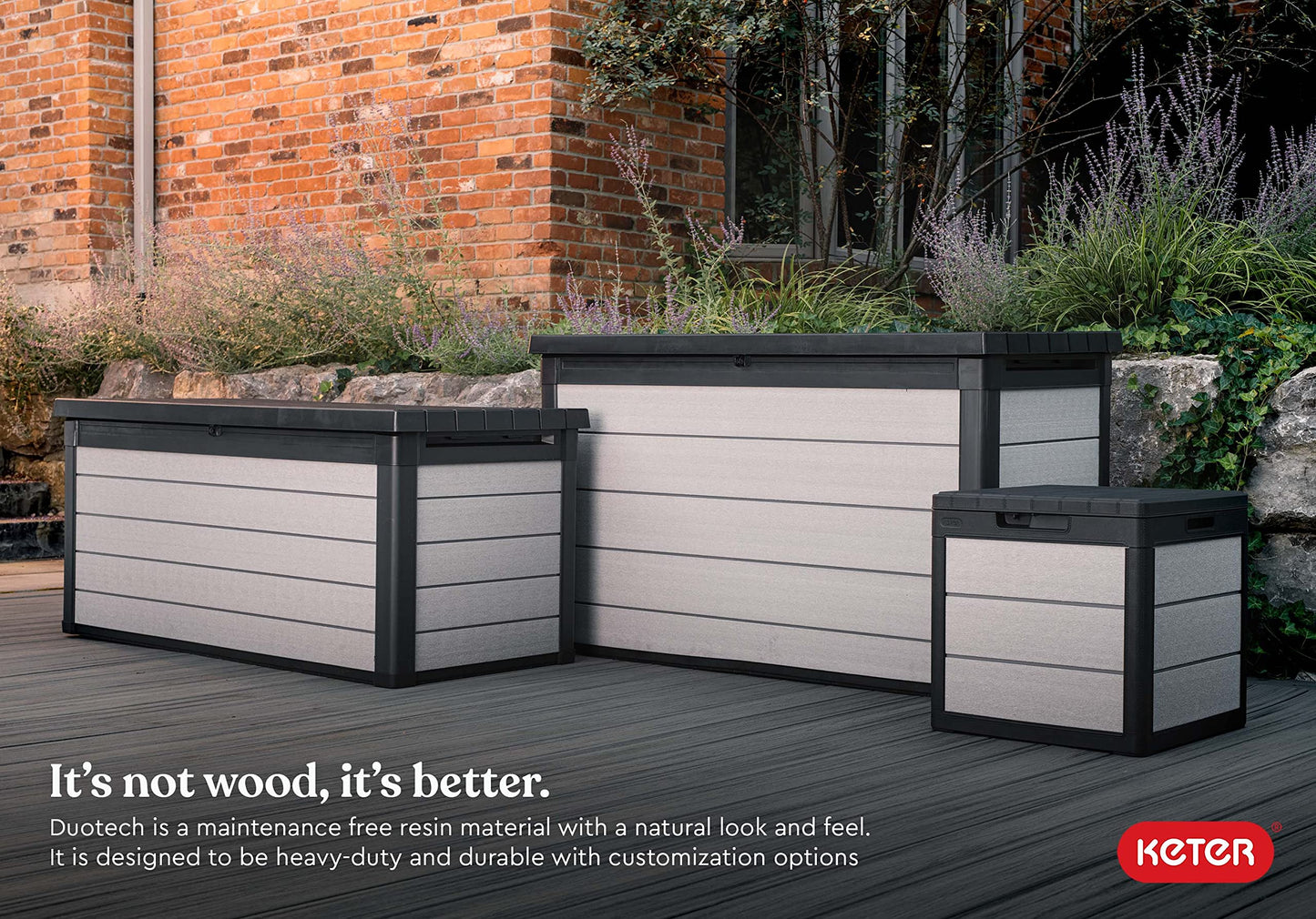 Keter Denali 30 Gallon Resin Outdoor Storage Box and Patio Furniture Side Table for Pool and Garden Accessories, Grey & Black